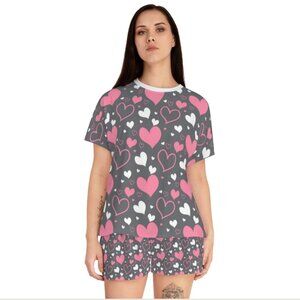 Heart Patterned Pajama Set - Pink and Gray